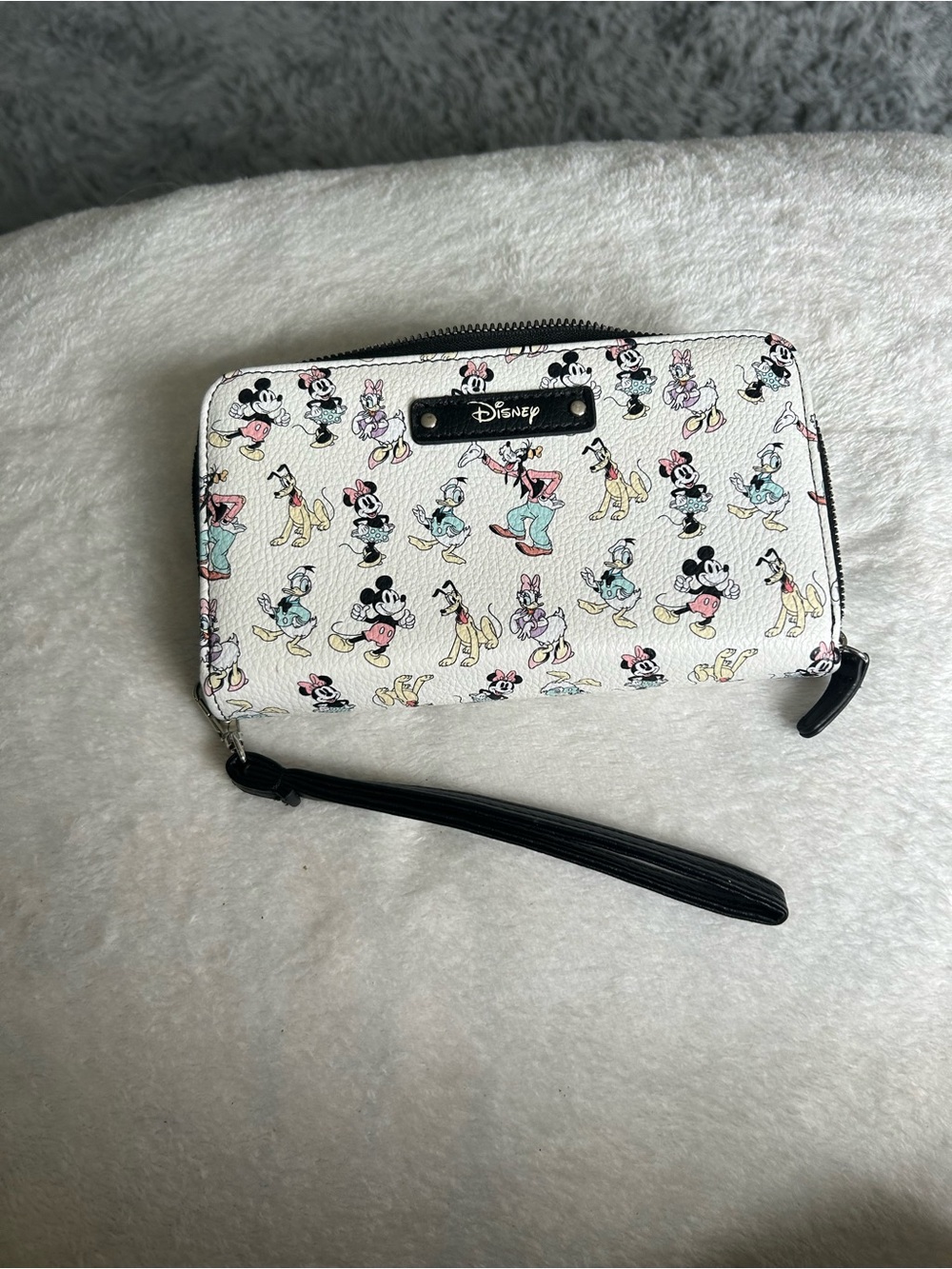 Disney White Cartoon Character Wristlet Wallet with Black Strap